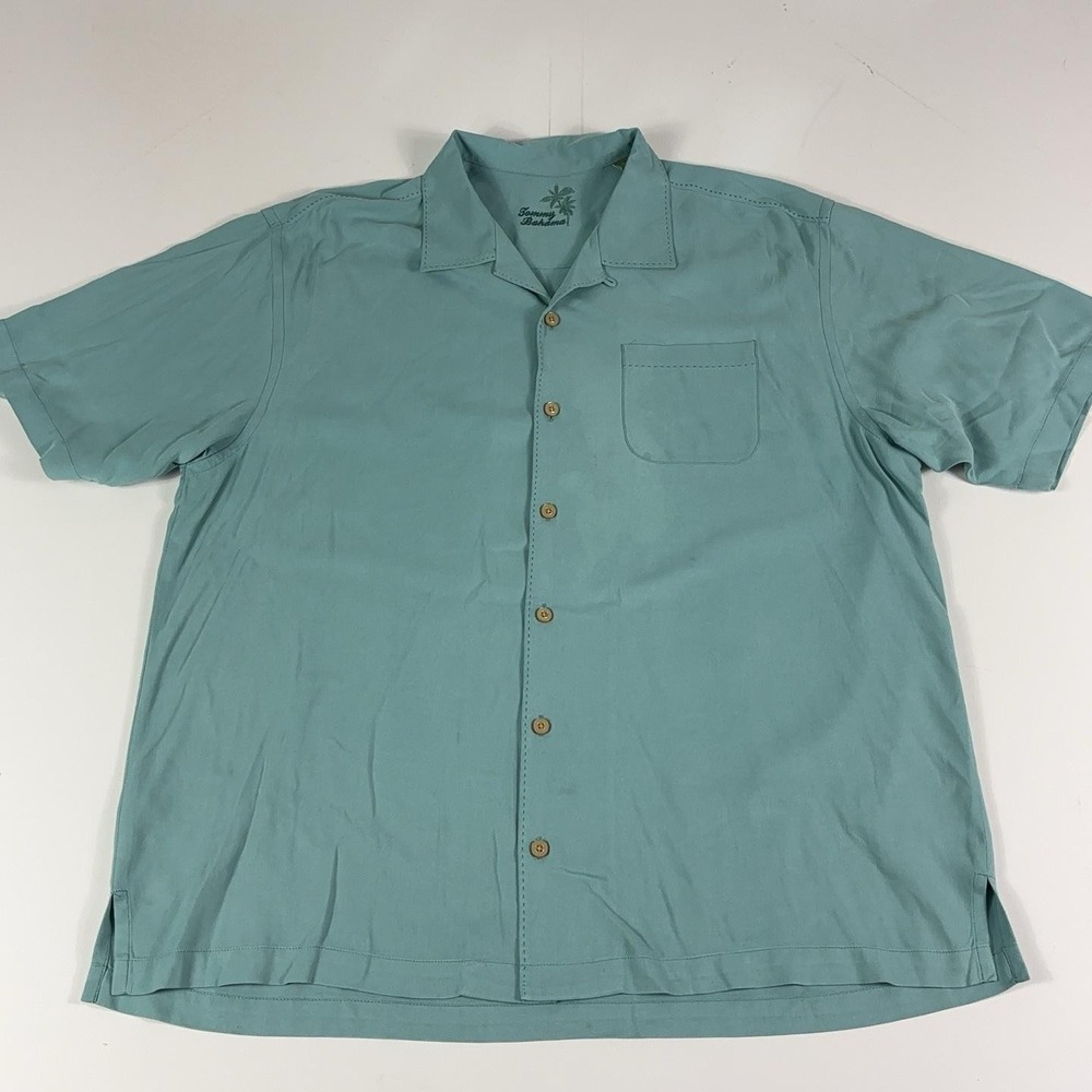 Tommy Bahama Shirt Mens XL Green Silk Short Sleeve Camp Button Up Solid
